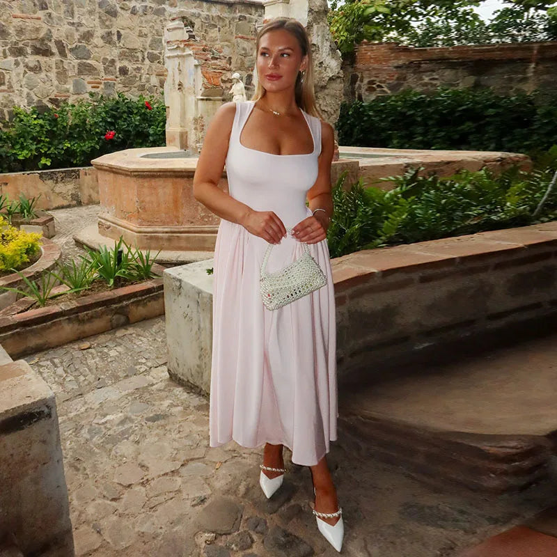 Pleated Solid Square Neck Midi Dress