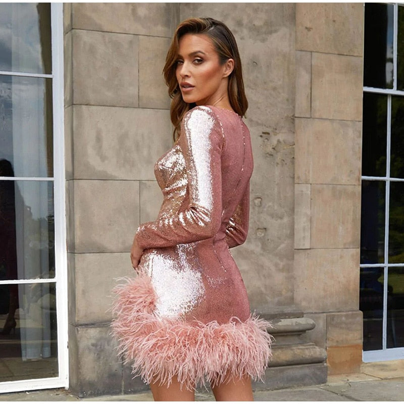 Kissnovaa - Sexy Sequined Feather Square Collar Bodycon Dress