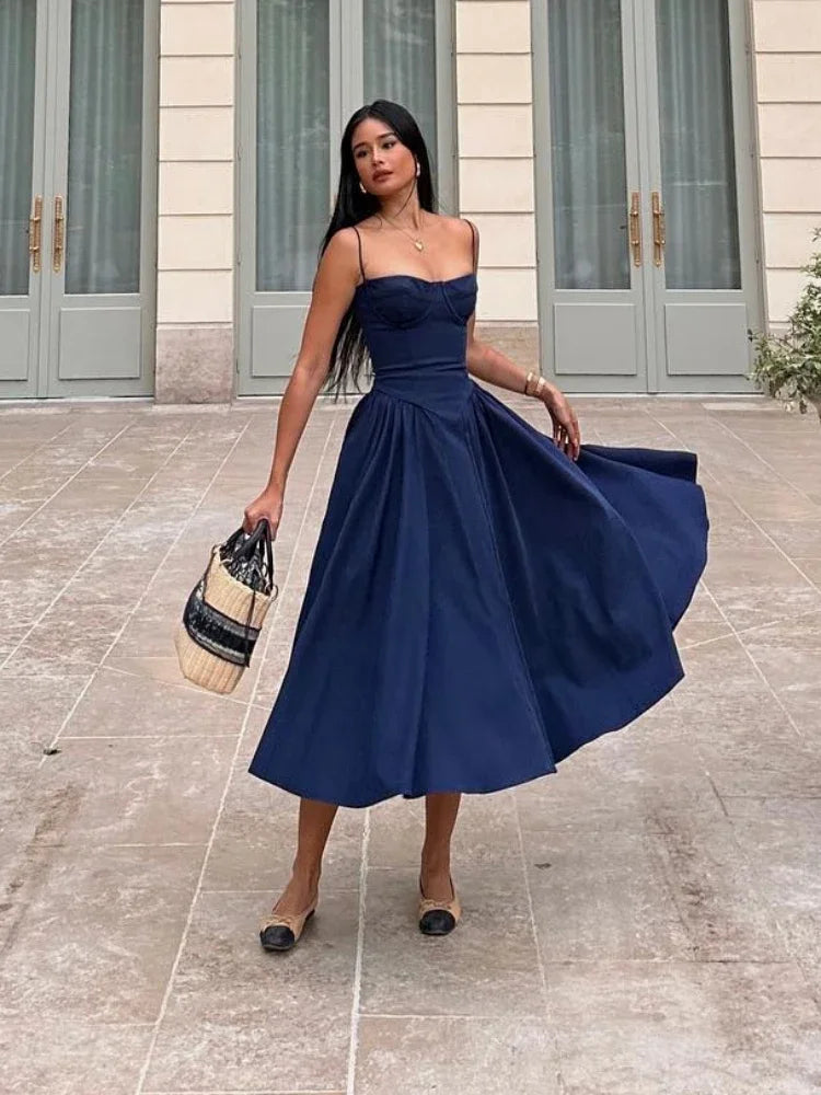 Strap Spaghetti Slim ALine Midi Dress