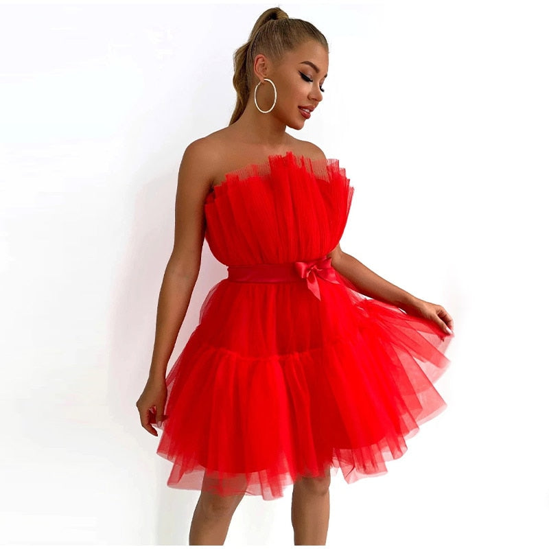 Kissnovaa - Off Shoulder Mesh Tutu Dress Bodycon Lace Short Dress