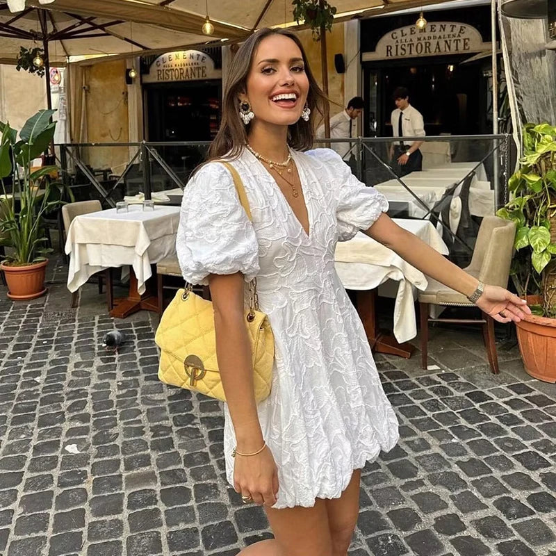 Minimalist Claudia White Mini Dress with Puff Sleeves Elevated Occasion Wear