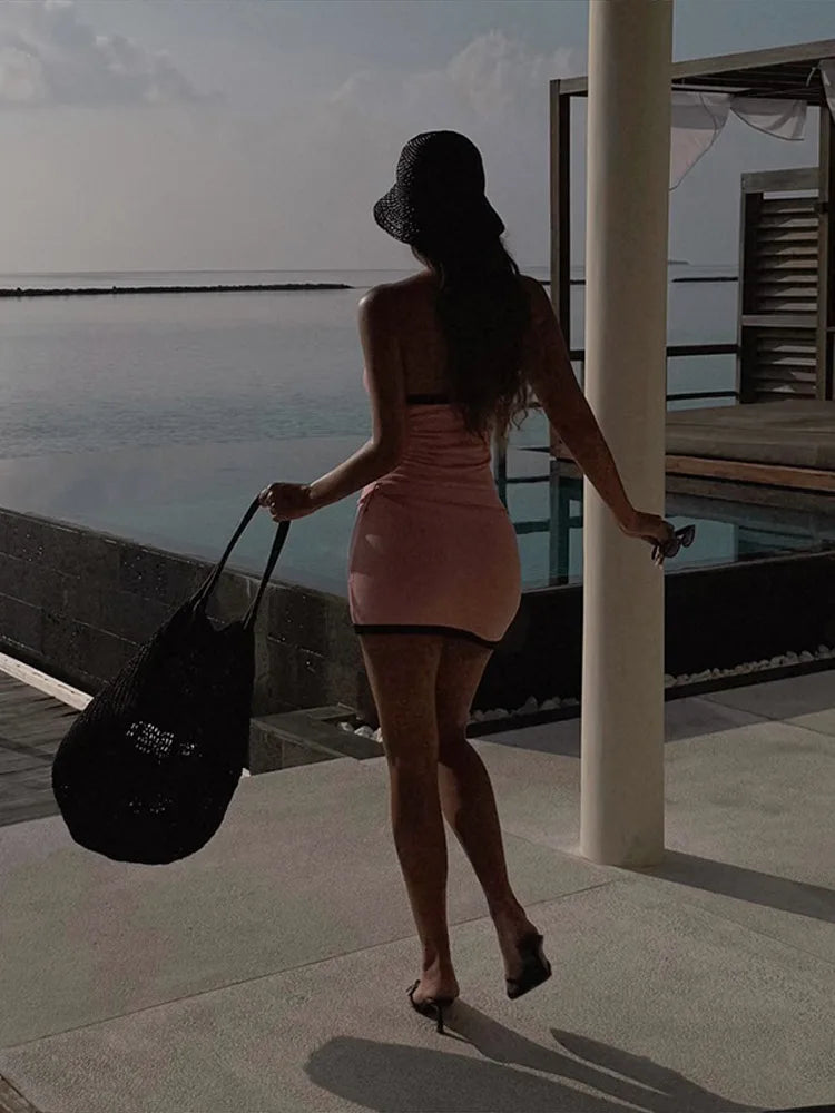 Attractive Knit Mini Dress Women Strapless Sleeveless Backless With Belt Slim Hip Package Dresses Female 2025 Spring Summer Lady Robe