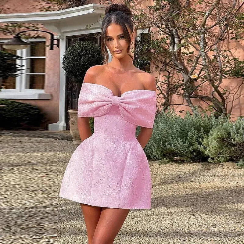 Backless Bow Jacquard A Line Mini Dress
