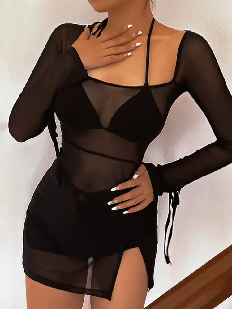 Neck Square Gauze Sheer Club Mini Dress