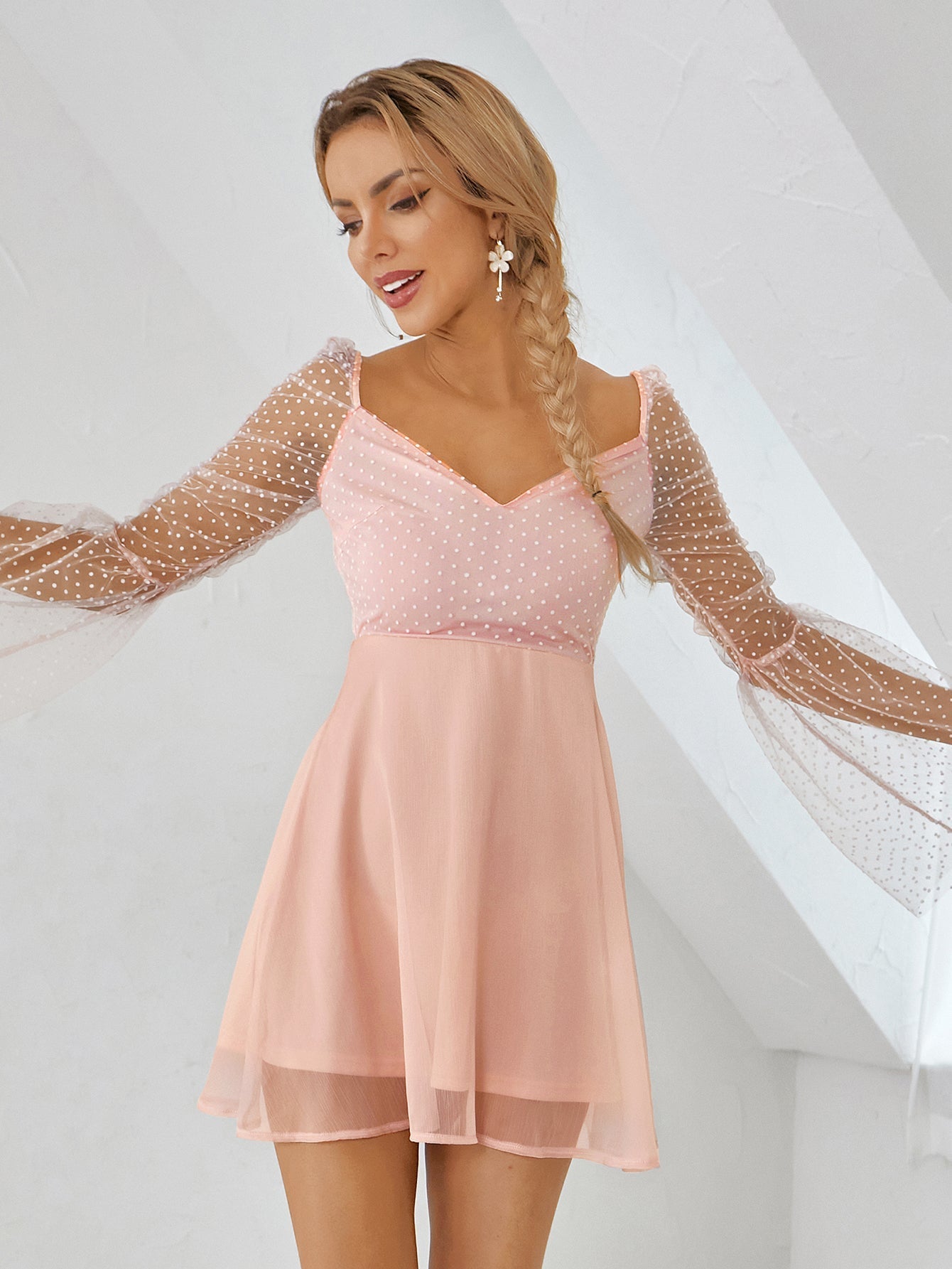 Bell Sheer Sleeve Swiss Dot Dress