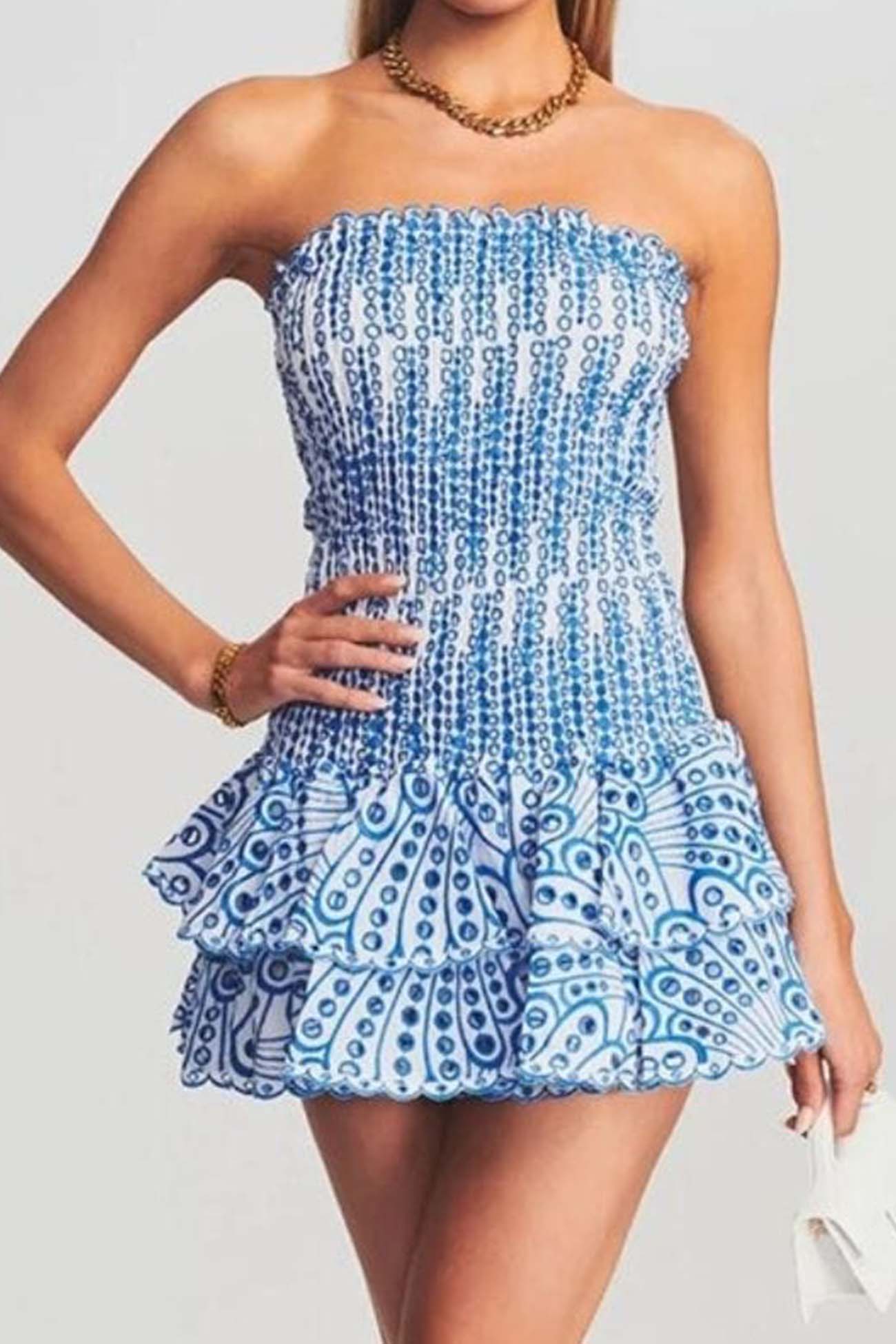 Off-The-Shoulder Shirred Embroidery Tiered Dress