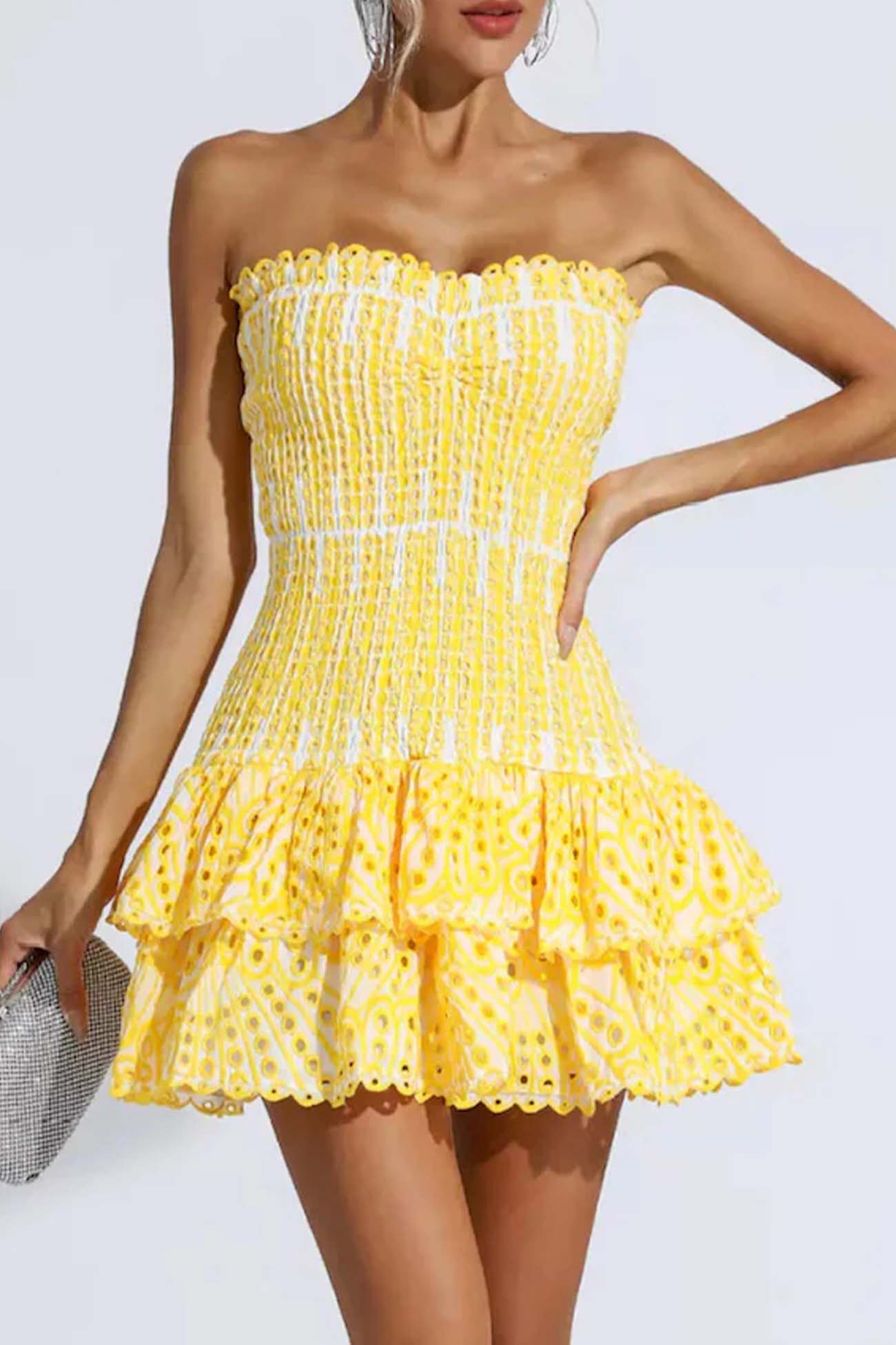 Off-The-Shoulder Shirred Embroidery Tiered Dress