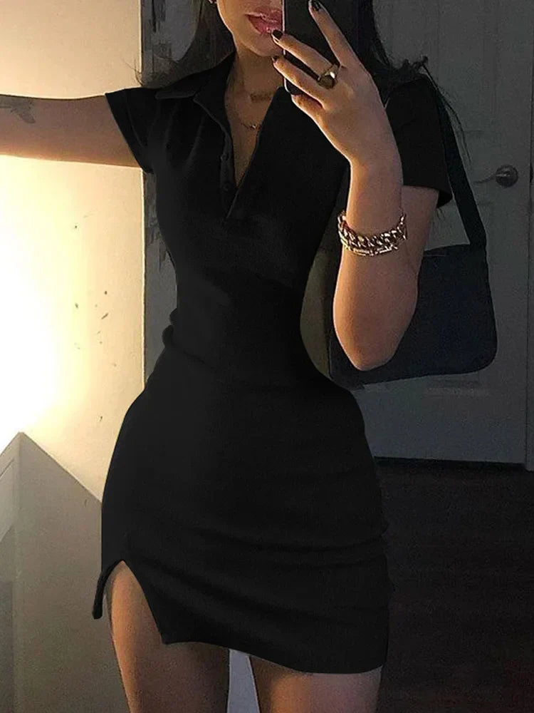 Sleeve Slit Mini Streetwear Charming Solid Party Clothing Midi Dresses