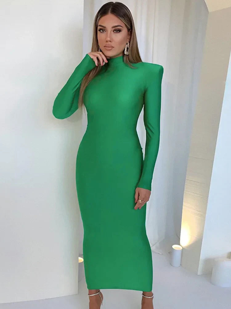 Shoulder Padded Long Sleeve Green Club Sophisticated Clothes Midi Dresses