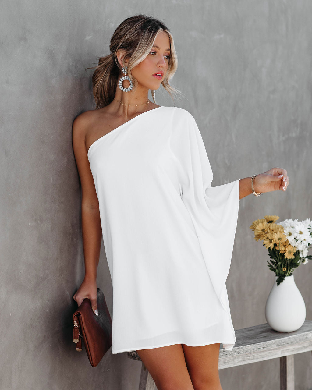 To Side Side One Shoulder Statement Dress White