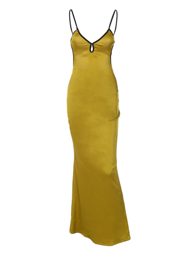 Backless Sleeveless Patchwork Lace Up Cut Out Maxi Prom Midi Dresses