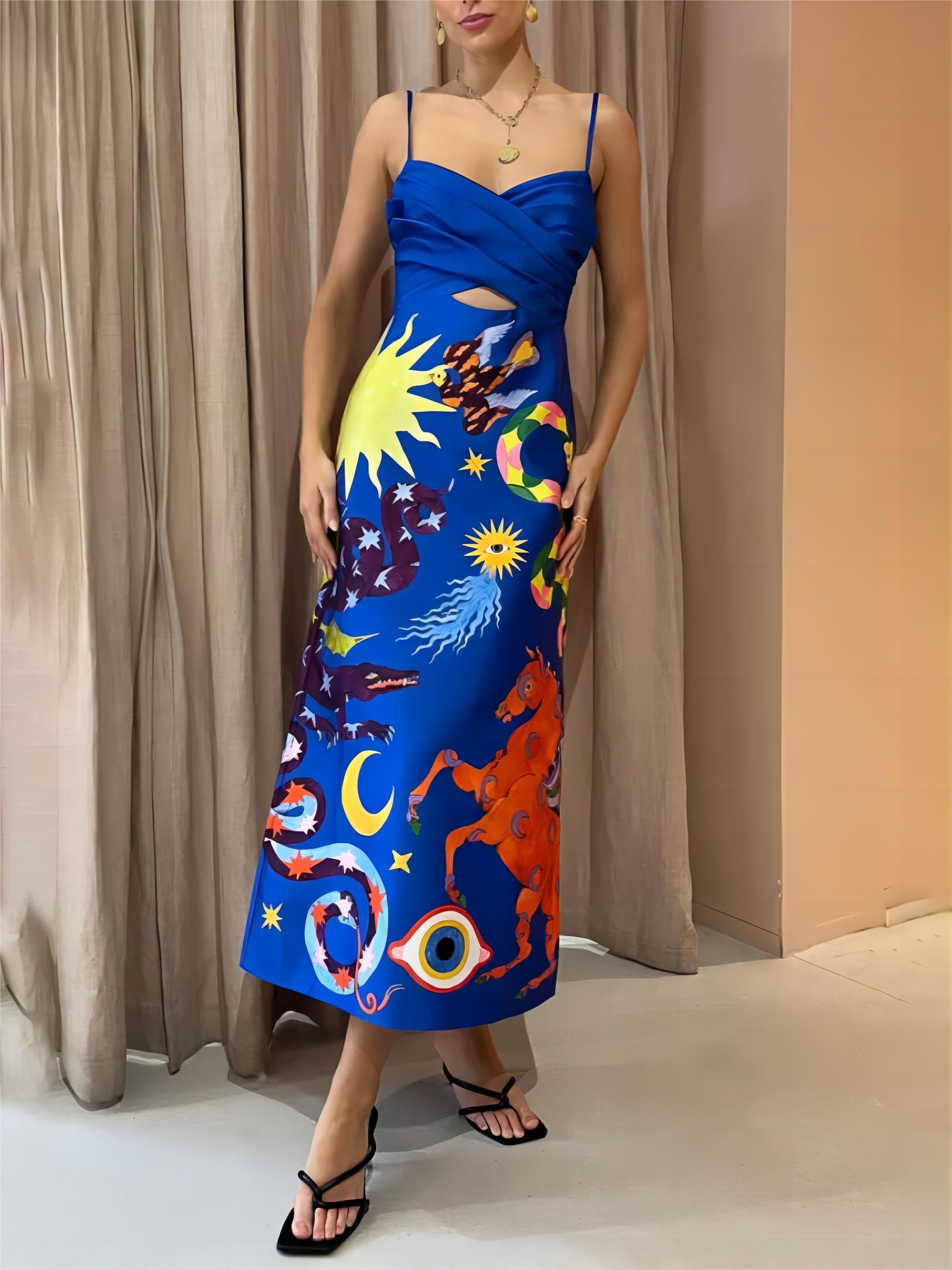 Summer Chic Satin Backless Printed Sleeveless Midi Dress