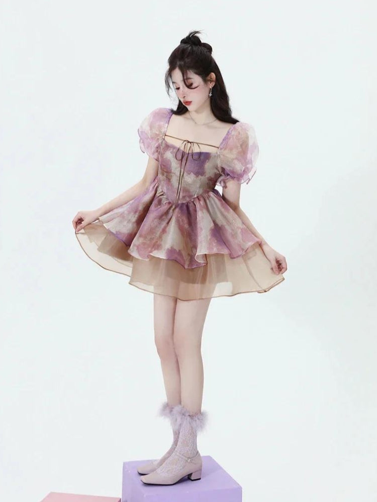 Smooth Girl Puff Sleeve Layered Mini Dress