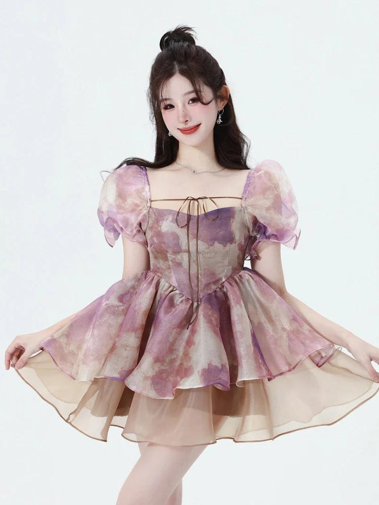Smooth Girl Puff Sleeve Layered Mini Dress