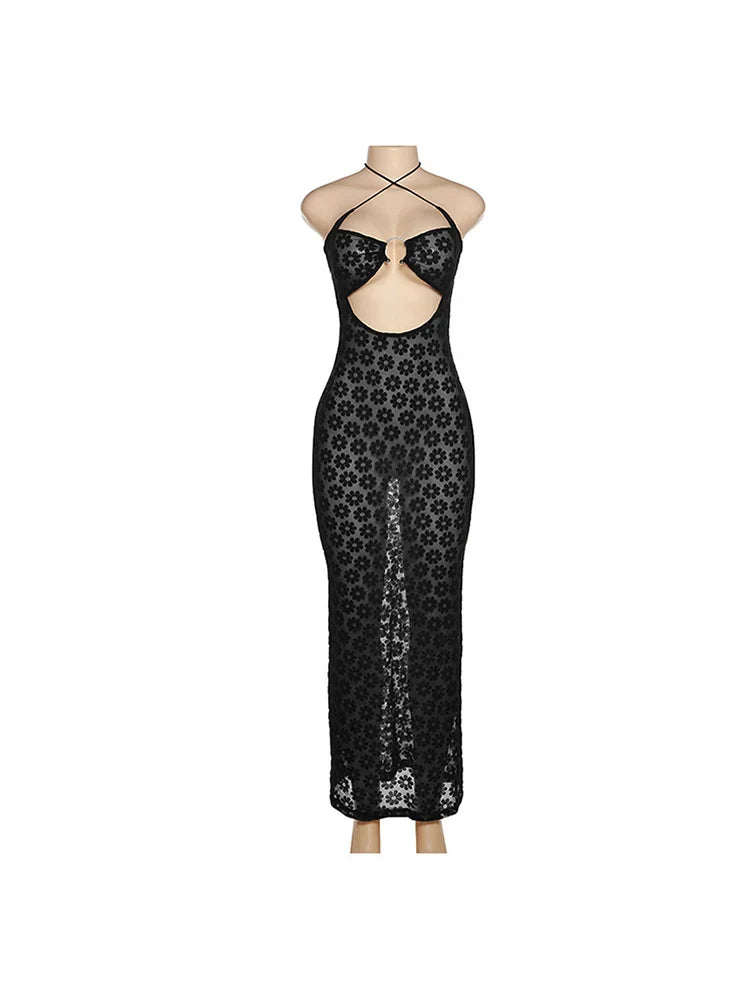 Hanging Solid Neck Maxi Hollow Perspective Bag Hips Trendy Midi Dresses