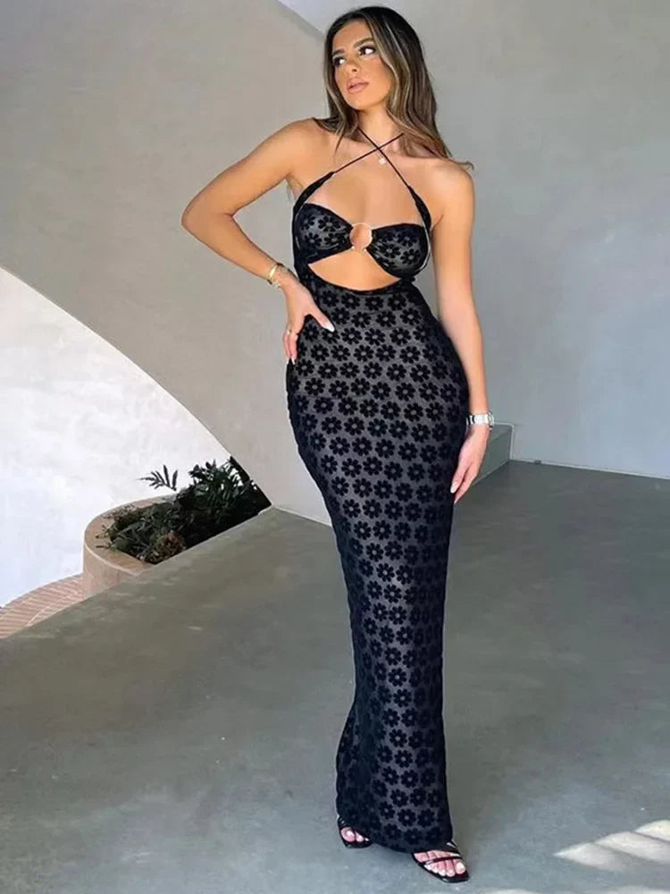Hanging Solid Neck Maxi Hollow Perspective Bag Hips Trendy Midi Dresses