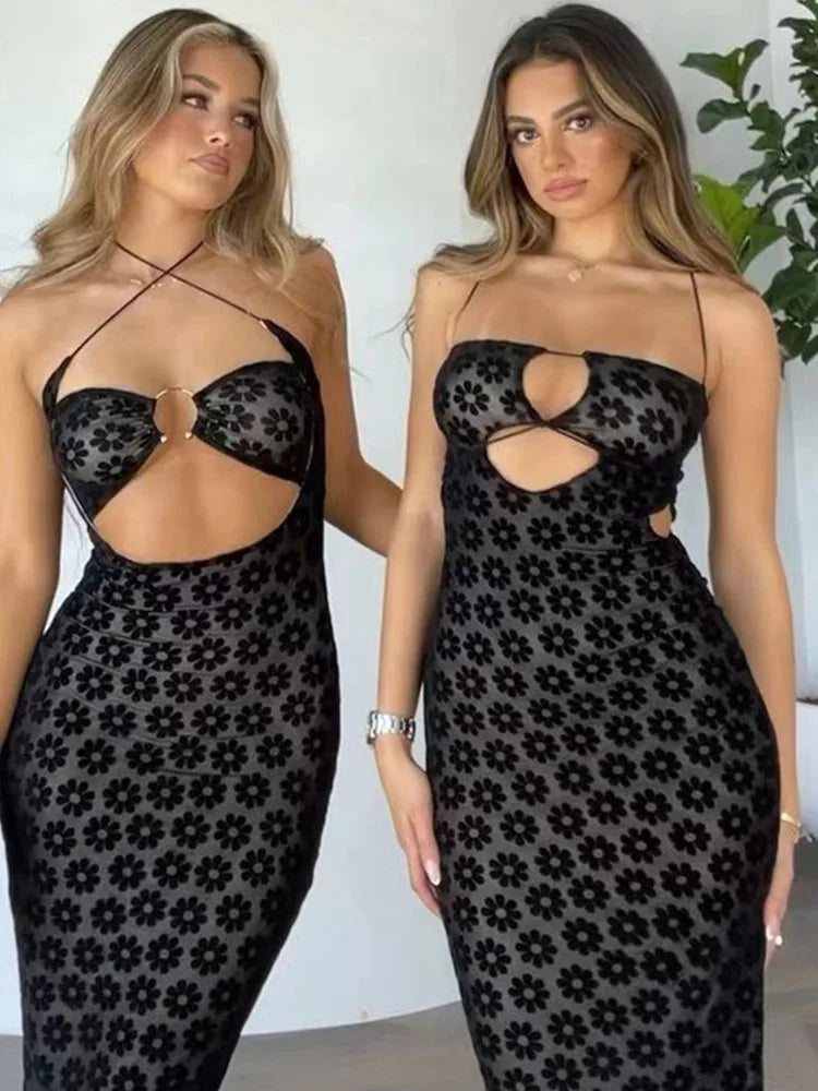 Hanging Solid Neck Maxi Hollow Perspective Bag Hips Trendy Midi Dresses
