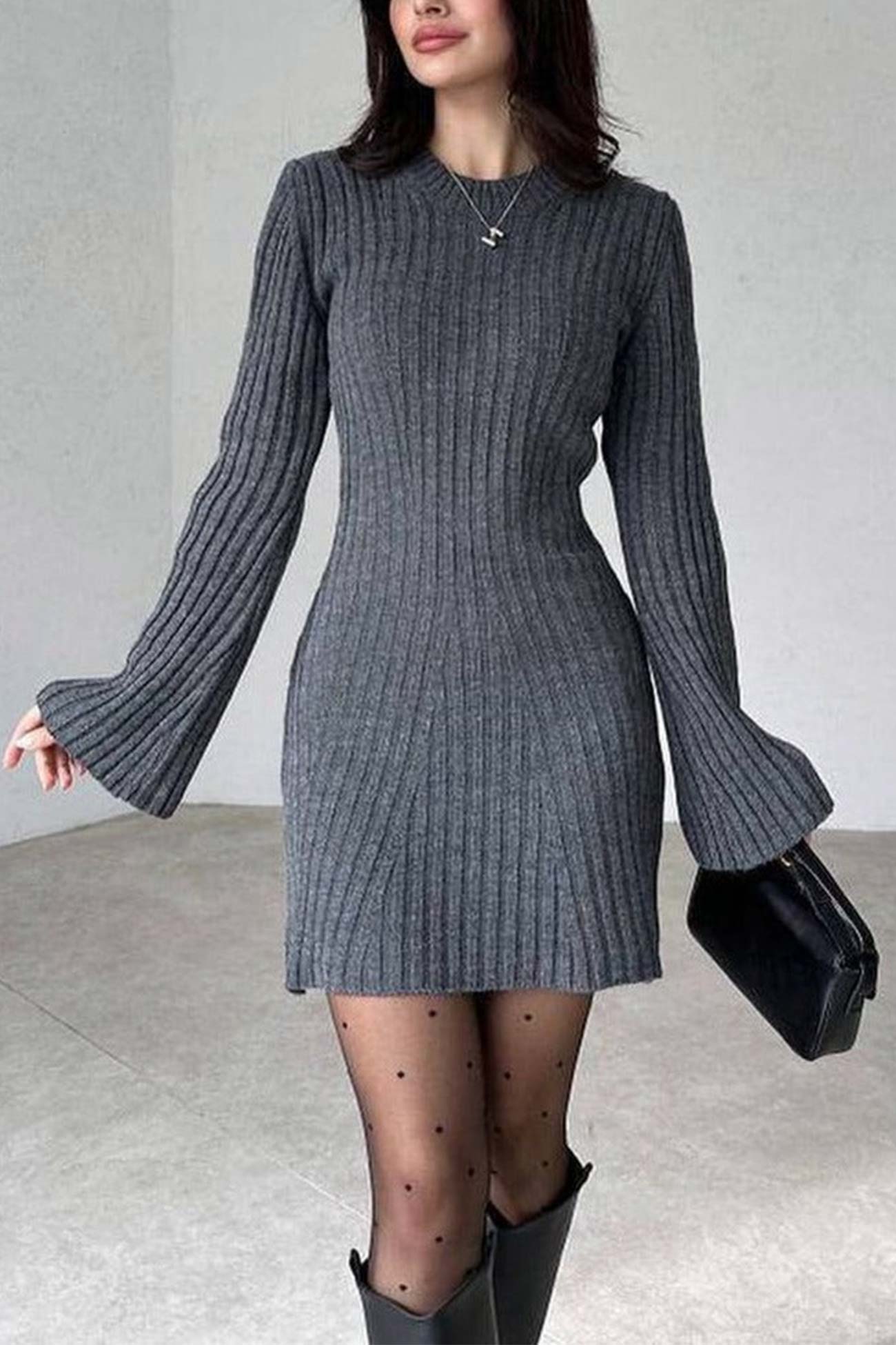 Color Solid Ribbed Knitted Dress