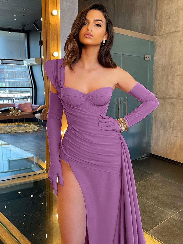 Kissnovaa - Solid Satin Asymmetric Slit Long Sleeve Dress