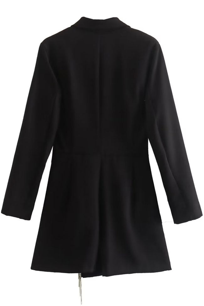 Shimmer Fringe Trim Lapel Collar Long Sleeve Blazer Romper Mini Dress - Black