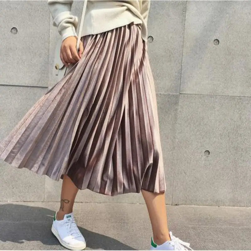 Pleated Metallic Silver High Waist Midi Dress
