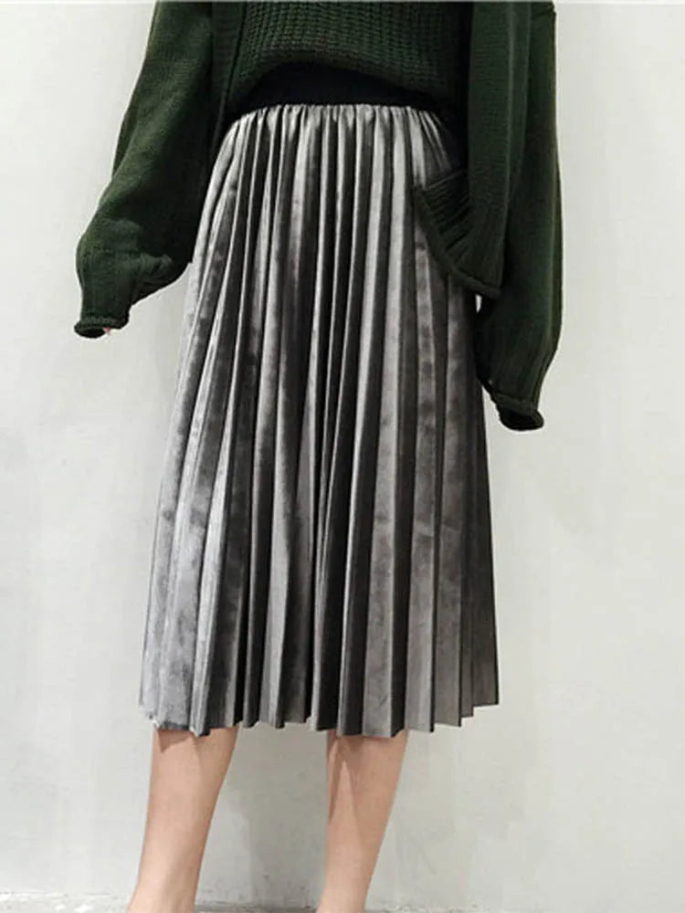 Metallic Silver Pleated High Waist Laidback Party Skirt Midi Dresses
