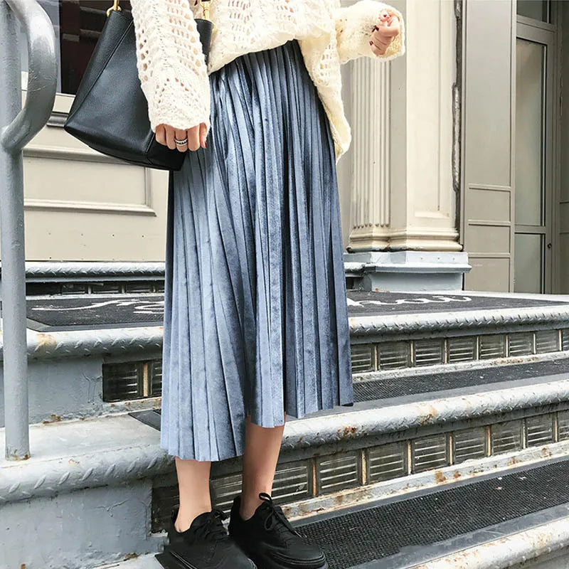 Metallic Silver Pleated High Waist Laidback Party Skirt Midi Dresses