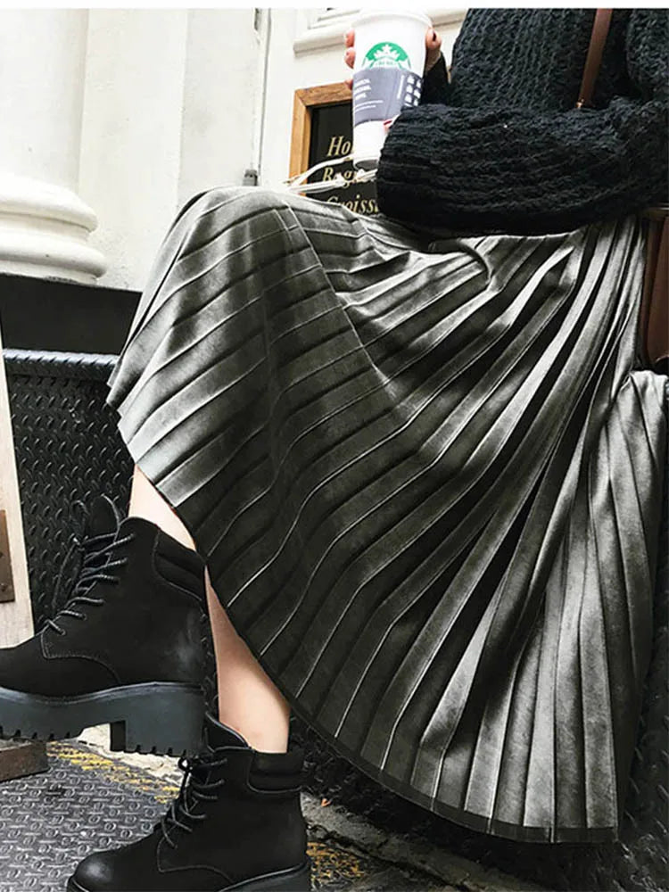 Pleated Metallic Silver High Waist Midi Dress