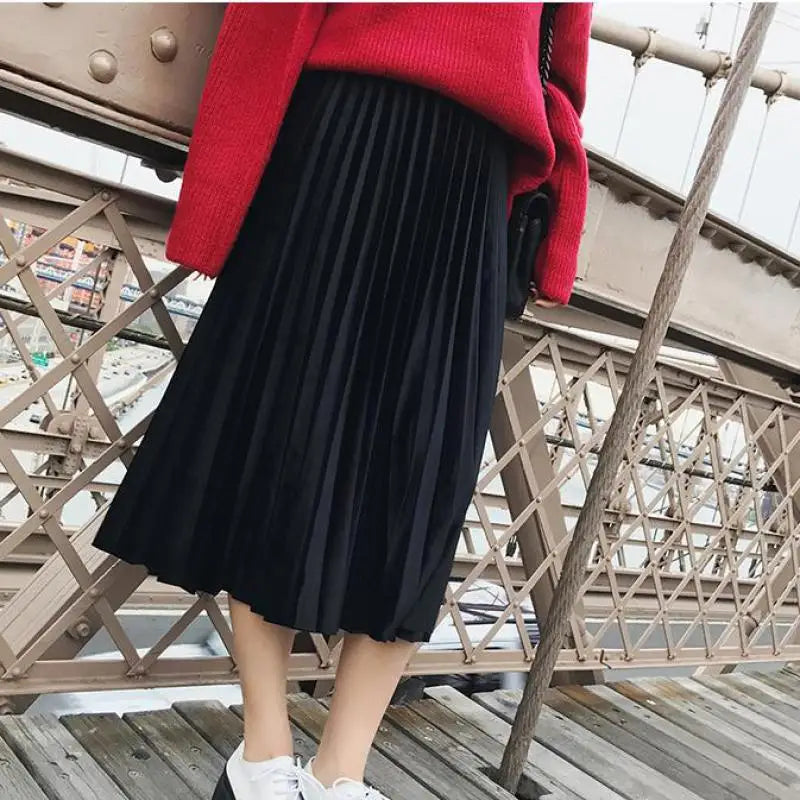 Metallic Silver Pleated High Waist Laidback Party Skirt Midi Dresses