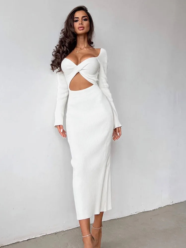 Autumn Spring Women's Solid Color Long sleeved Temperament Slim Hollow Open Midi Dresses