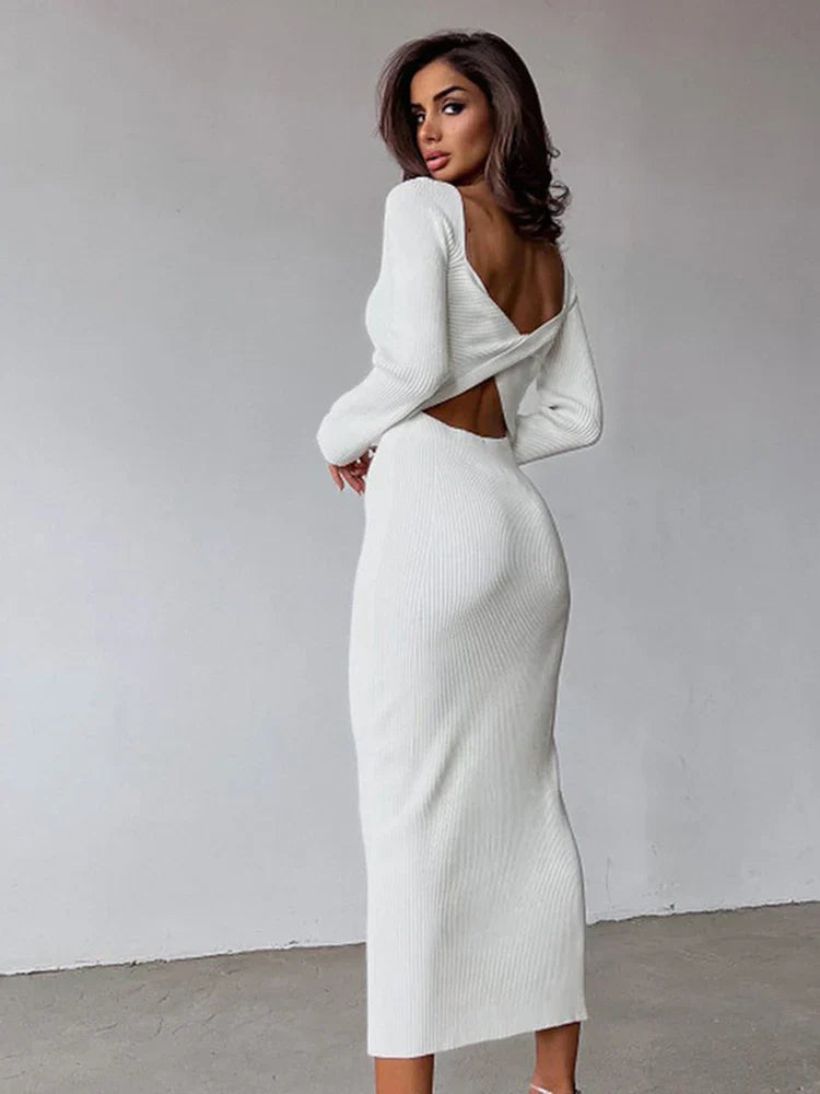 Autumn Spring Women's Solid Color Long sleeved Temperament Slim Hollow Open Midi Dresses