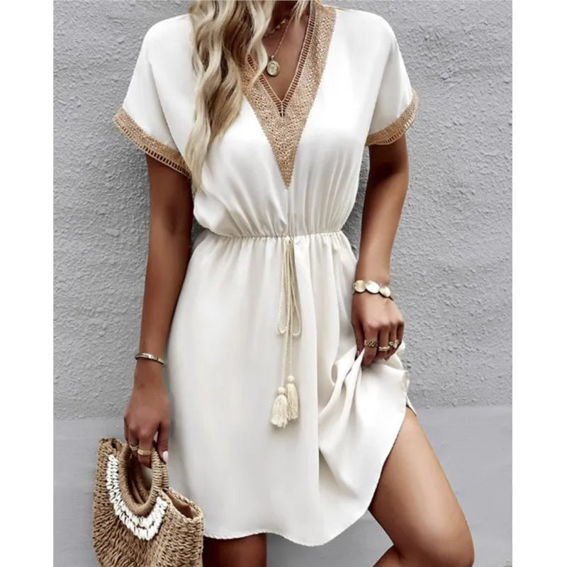 Sweet Fresh Solid Short Lace VNeck Waist Panel Skirt Midi Dresses