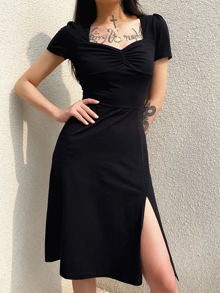 Square Ruched Black Side Split Laidback Gothic Sun New Midi Dresses
