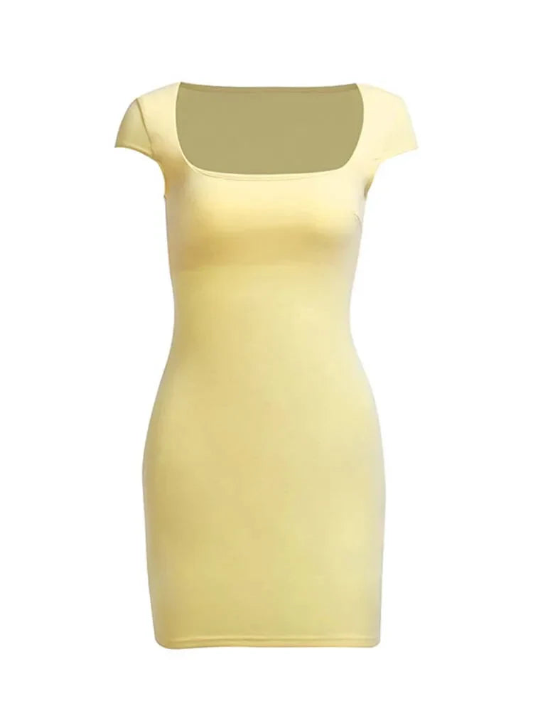 Square Neck Summer Black Short Sleeve Cut Out Graceful Mini Clubwear Midi Dresses