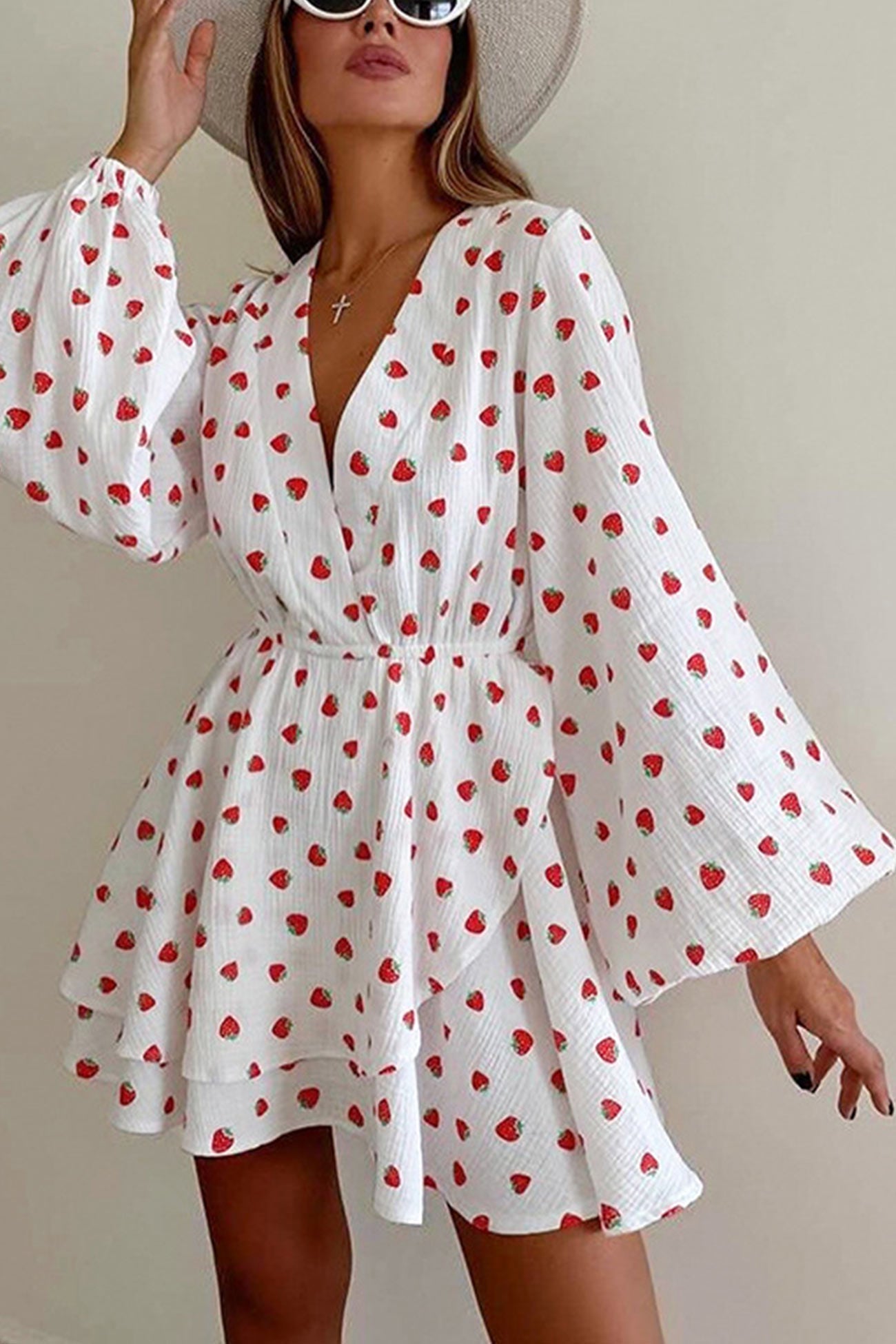 Print Strawberry Puff Sleeve Cotton Dress