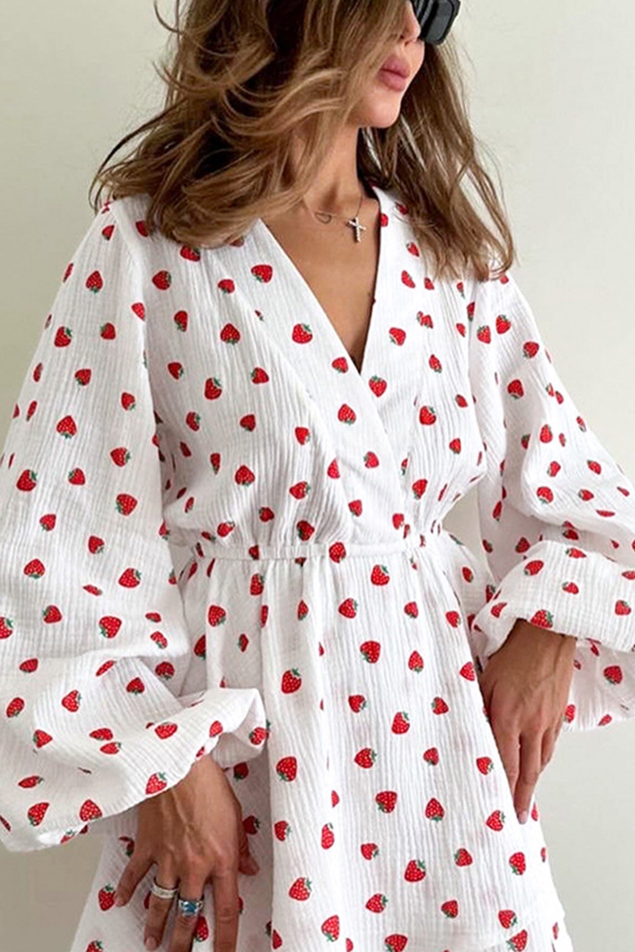 Print Strawberry Puff Sleeve Cotton Dress
