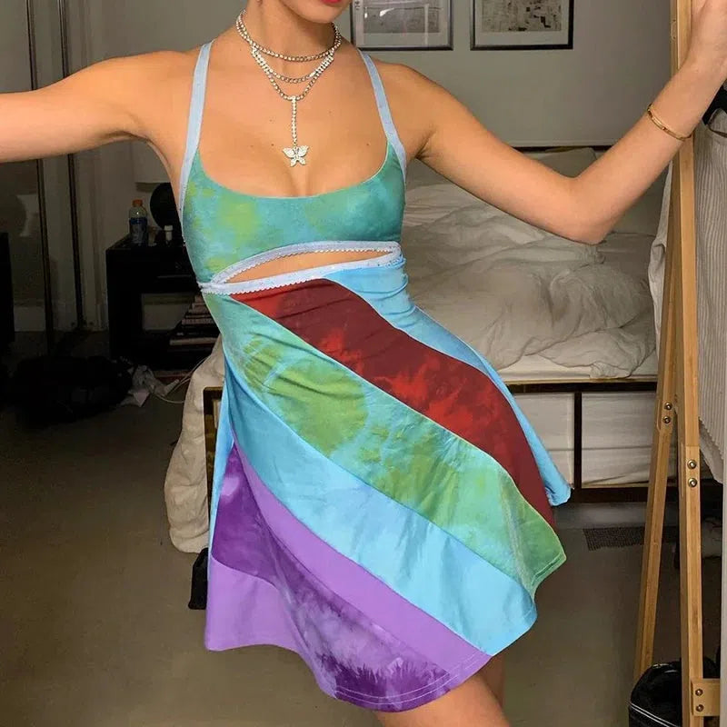Patch Striped Satin Mini Dress