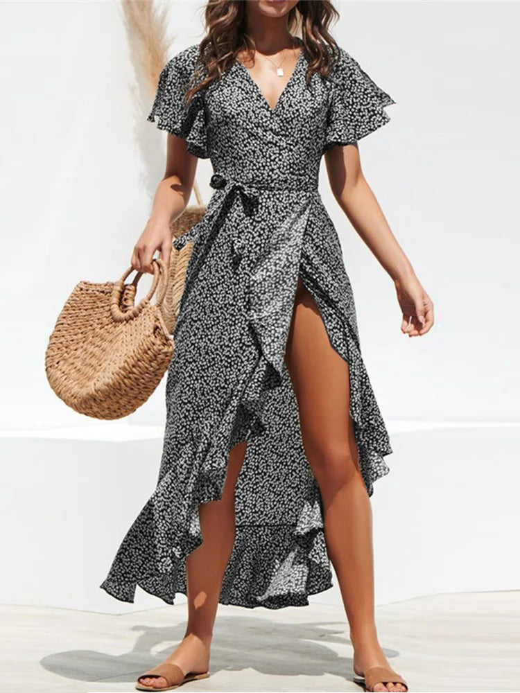 Summer Beach Bloom Boho Chiffon Ruffles Wrap VNeck Split Robe Femme Midi Dresses
