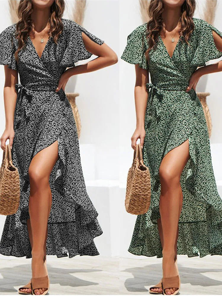 Summer Beach Bloom Boho Chiffon Ruffles Wrap VNeck Split Robe Femme Midi Dresses