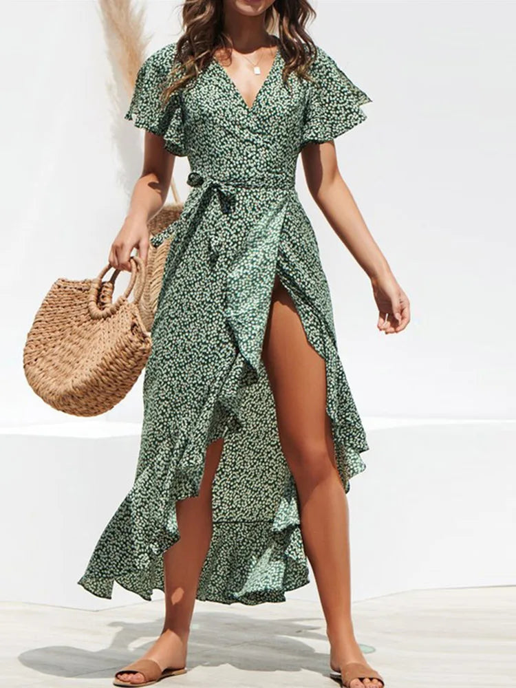 Summer Beach Bloom Boho Chiffon Ruffles Wrap VNeck Split Robe Femme Midi Dresses