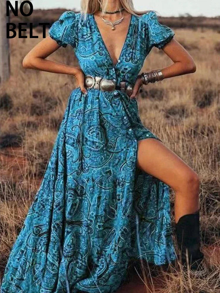 2024 Graceful HighWaist Bohemian Floral Print Maxi Boho Dress