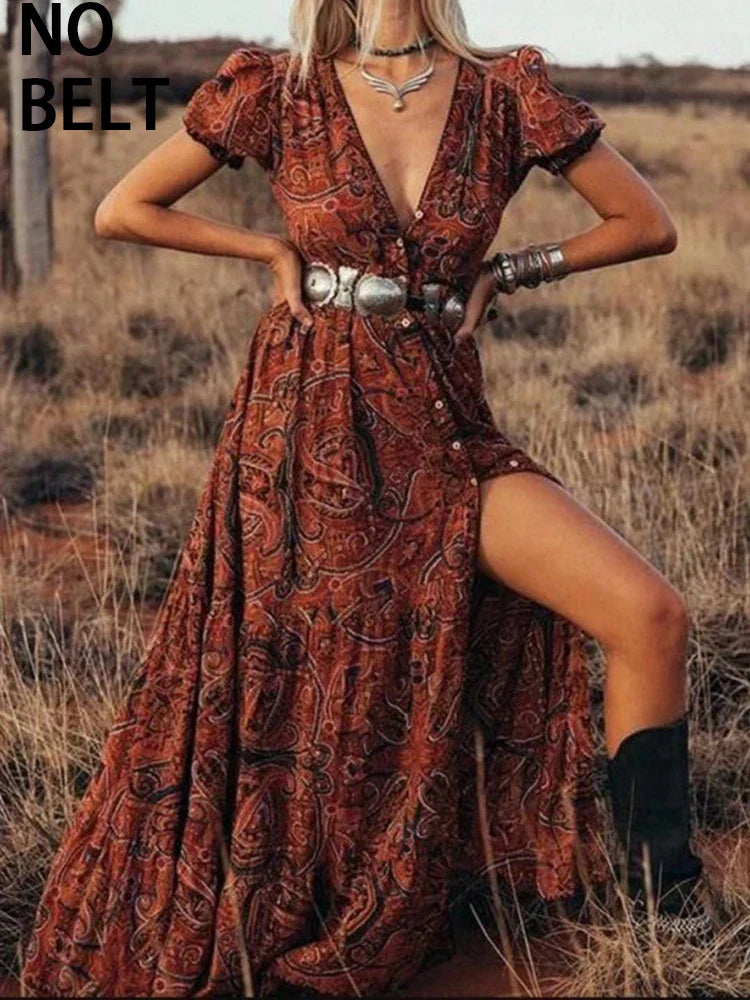 2024 Graceful HighWaist Bohemian Floral Print Maxi Boho Dress