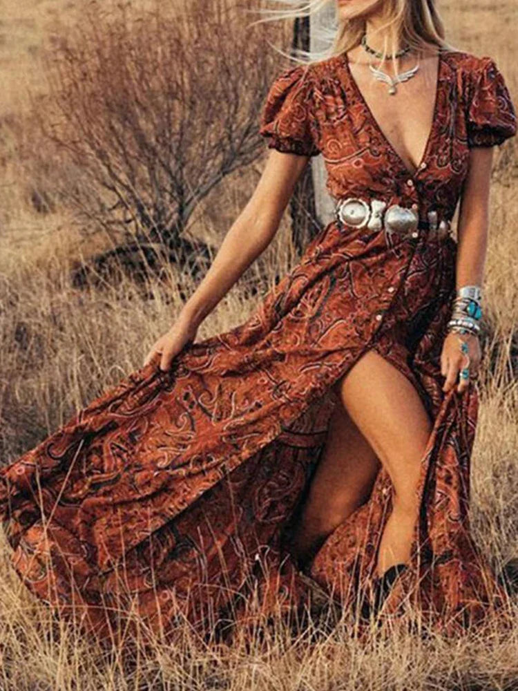 2024 Graceful HighWaist Bohemian Floral Print Maxi Boho Dress