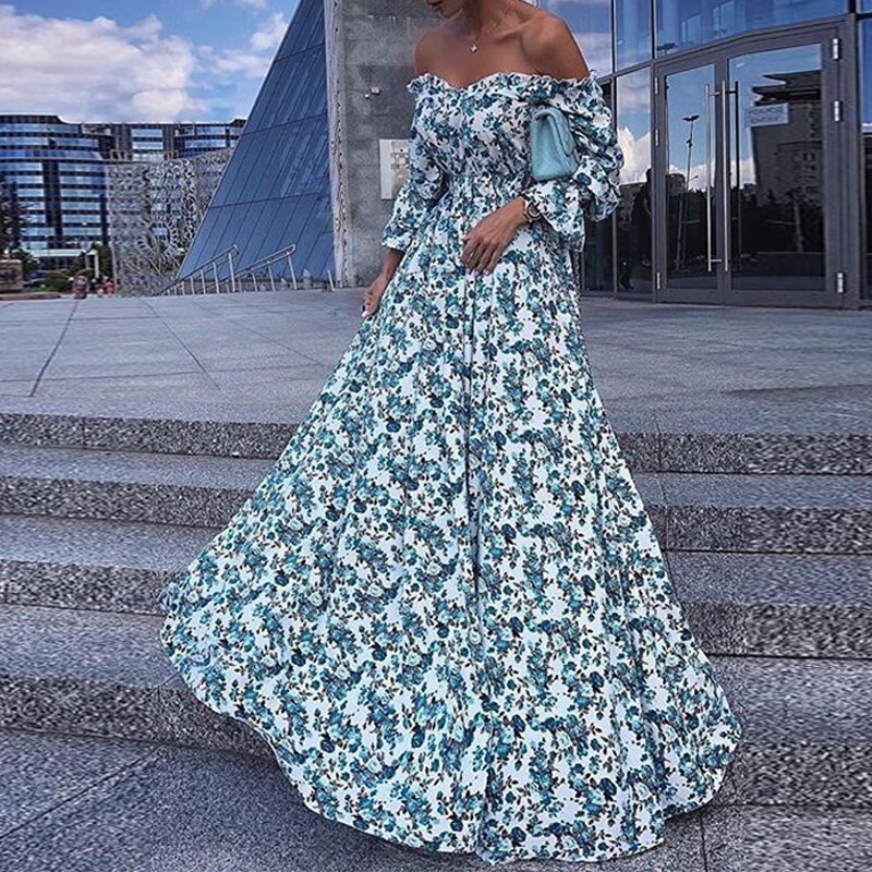 Kissnovaa - Summer Botanical Print Sexy Boat Neck Prom Dresses