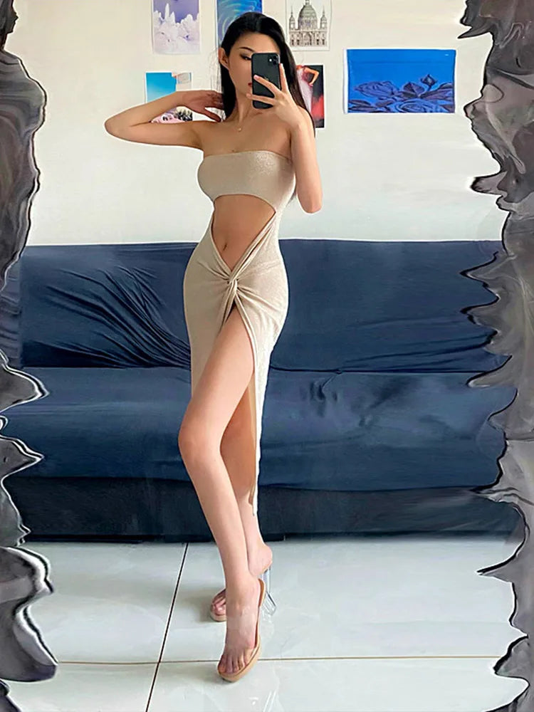 Summer Sleeveless Slit Hollow Skinny Refined Long Midi Dresses
