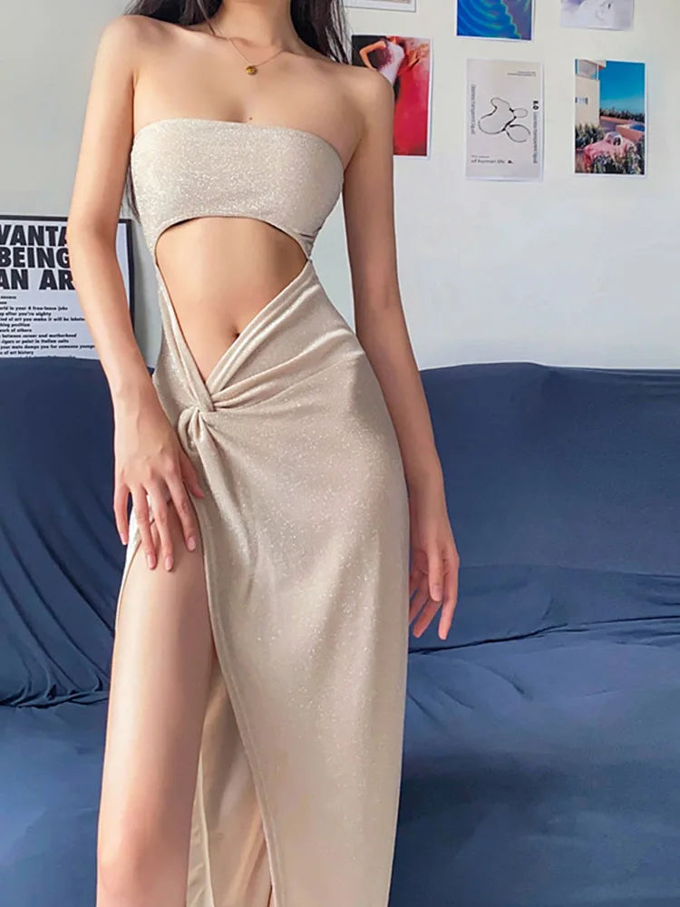 Summer Sleeveless Slit Hollow Skinny Refined Long Midi Dresses