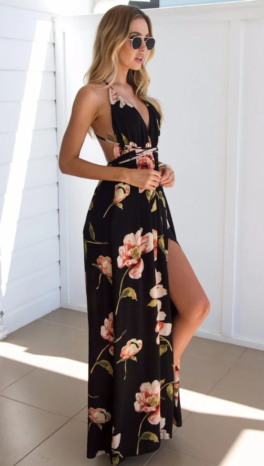 Summer Botanical Pleated Backless Robe Evenning Midi Dresses