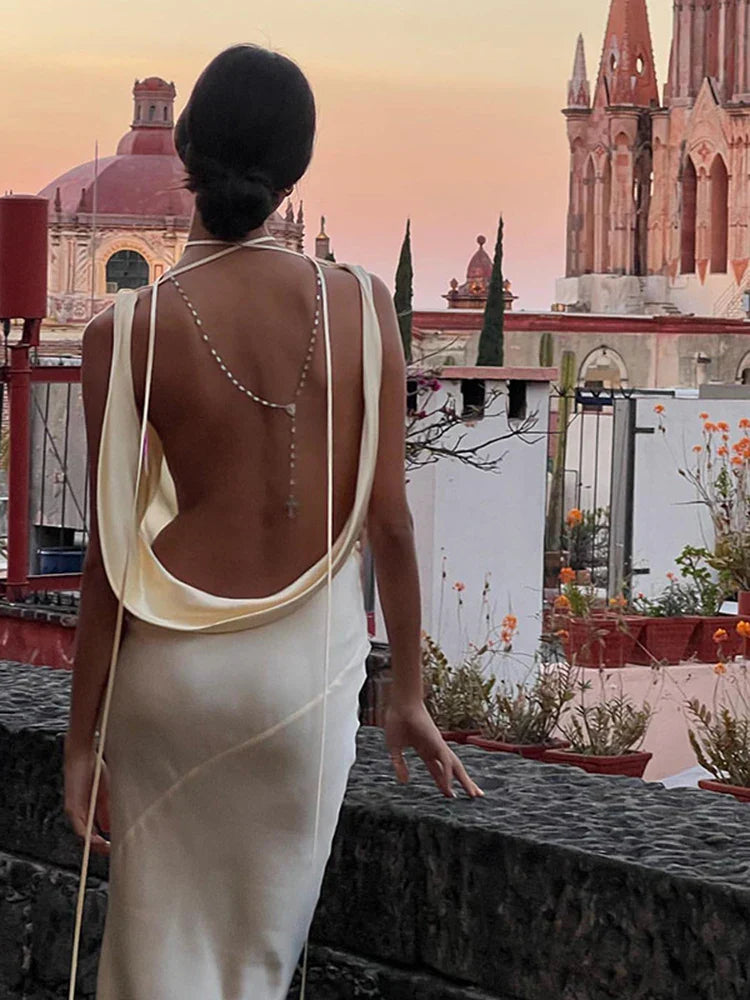 2024 Sunny Evening Spaghetti Strap Backless Satin Maxi Dress