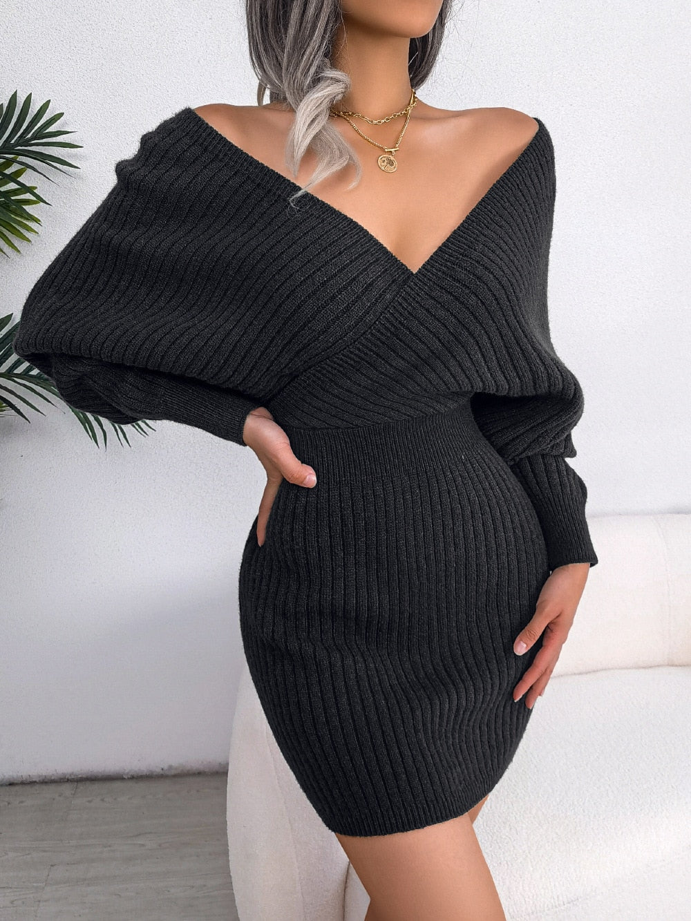 Sweater Dresses Refined Deep V Neck Mini Dress Batwing Long Sleeve Knitted Winter Dresses