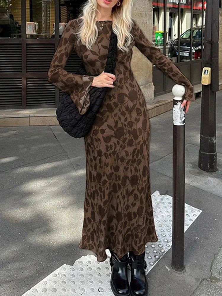 2024 New Street Slim Retro Print High Waist Femme Bodycon Maxi Dress
